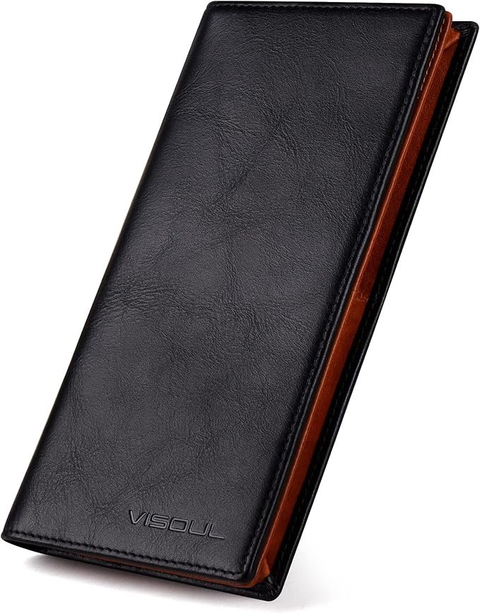 VISOUL Leather Checkbook Cover Wallet for Men with RFID Blocking, Mens Long Bifold Cash Tall Wallet with 11 Credit Card Slots 1 ID Window (Black and Orange)