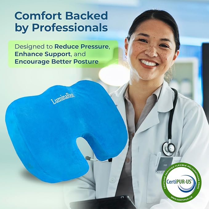 LuminaRest® Gel Seat Cushion for Long Sitting | Premium CertiPUR-US® Certified Memory Foam | Ergonomic Office Chair Cushion for Tailbone & Coccyx Pain Relief, Sciatica & Back Support – (Blue)