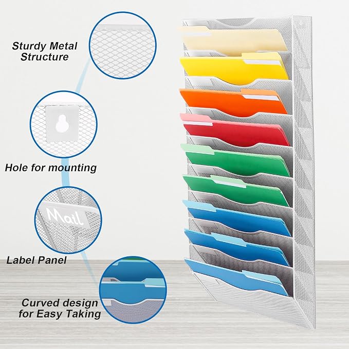 10 Pocket Mesh Hanging Wall File Organizer, Wall Mounted Mail Paper Document Folder Holder, Clipboard Storage Organization Magazine Rack with Nametag Label for Office Home School, White
