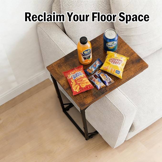 C Shaped End Table for Couch, Small Side Table for Living Room & Bedroom, Slide Under Sofa Table for Laptop, Coffee, Snacks, Easy Assembly, Modern Design