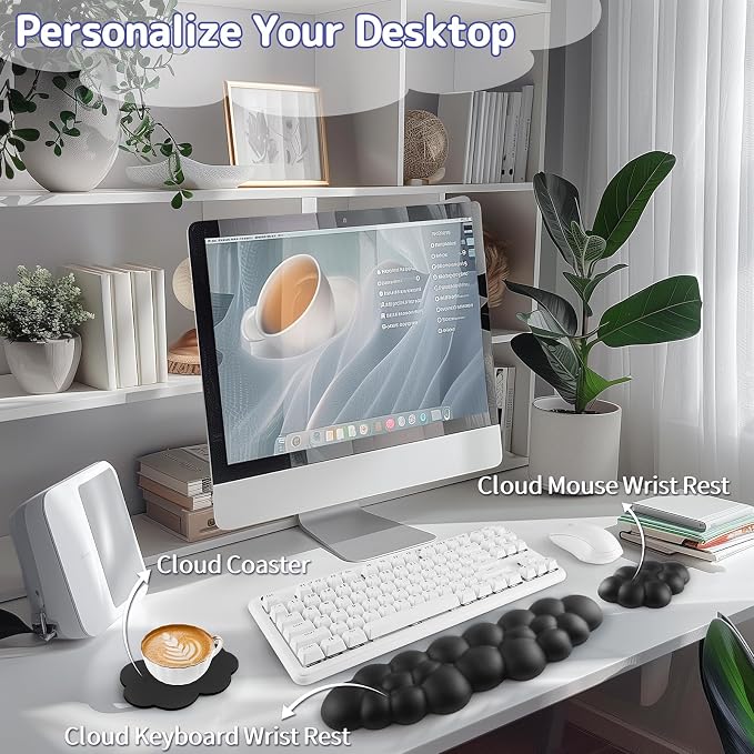 Cloud Wrist Rest Keyboard, Cloud Keyboard Wrist Pad Set with PU Leather Memory Foam, Cute Arm Rest for Palm Support, PC/Gaming Desk Accessories/Office Setup/Computer Hand Cushion - Black