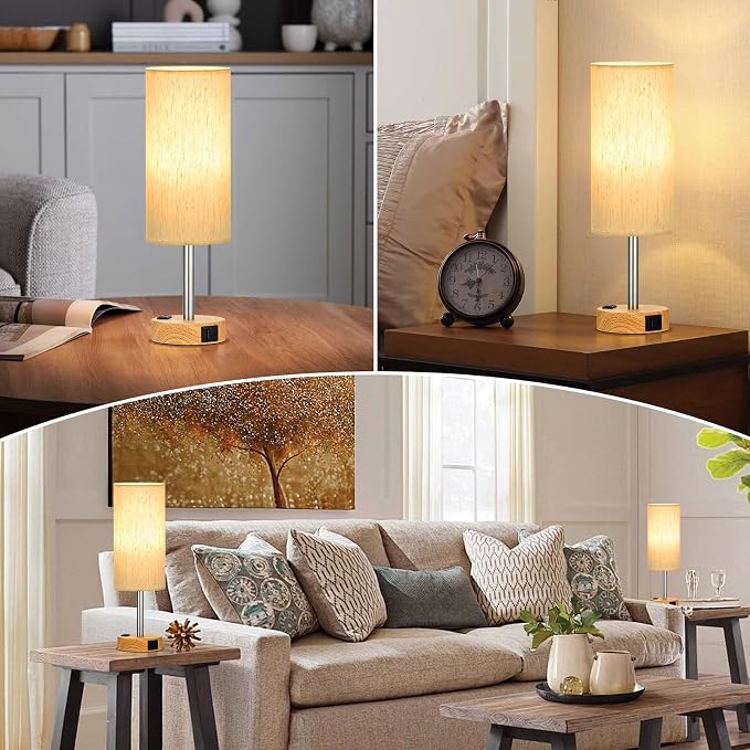 Touch Bedside Table Lamps Set of 2 - Bedroom Lamp with USB A+C, AC Outlet | 3-Way Dimmable, LED Bulb Included, Linen-Texture Fabric Lampshade, Wood-Grain Metal Base, 14" Small Nightstand Lamp for Dorm