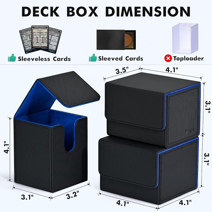 ZLCA Card Deck Box for Trading Cards, MTG YuGiOh Deck Case Holds 100+ Single Sleeved Cards, PU Leather Magnetic Card Storage Box Fits for TCG CCG Magic Game Cards (Black& Blue)