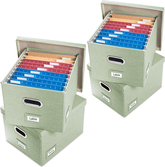 PRANDOM File Organizer Box - Set of 4 Collapsible Decorative Linen Filing Storage Hanging File Folders with Lids Office Cabinet Letter/Legal Size Green 17.1x14x11.1 inch