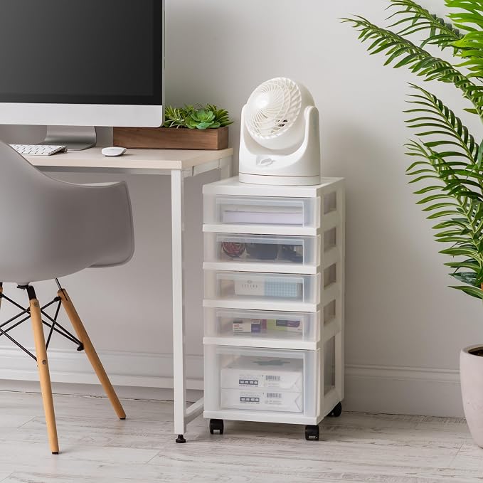IRIS USA 5-Drawer Rolling Storage Cart with Organizer Top, White/Clear | Keep classroom supplies, teacher essentials, craft materials, and learning tools organized with easy-access drawers.
