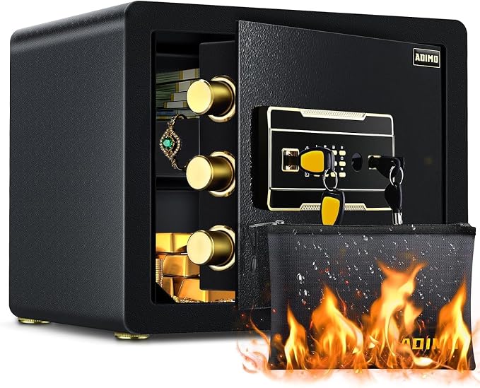 Safe Box with Fireproof Waterproof Money Bag, Alloy Steel Home Safe with Digital Keypad, Dual Key Lock, Fireproof Money Bag & LED Light, 1.2 Cuft Personal Document Lock Box for Office Dorm Hotel