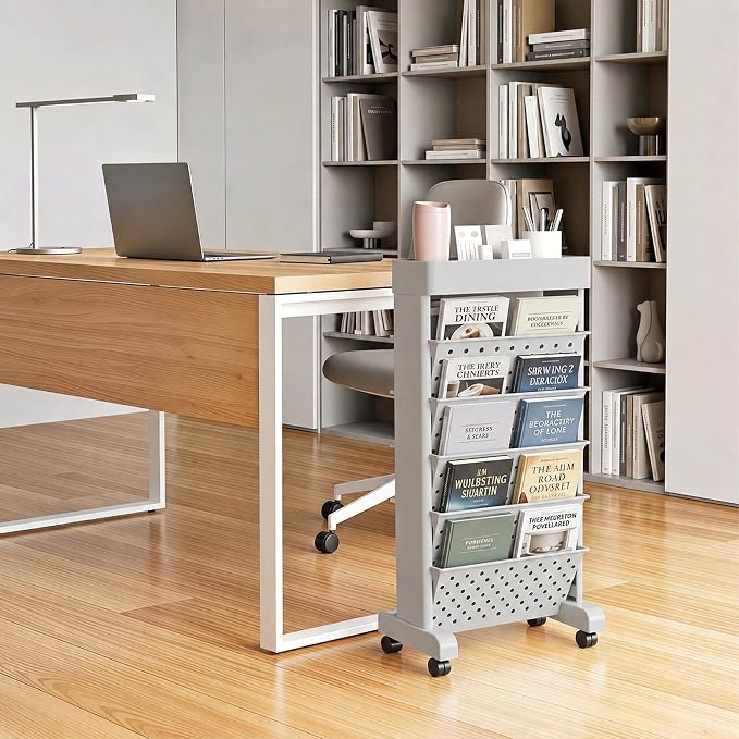 BYFU 6-Tier Rolling Bookshelf Cart, Grey | Movable with Wheels, File Paper Storage Organizer, For Home Office Study Classroom