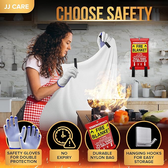 JJ CARE Fire Blanket – 10 Packs with Hooks and Gloves – Emergency Fire Blanket for Home & Kitchen, High Heat Resistant Fire Suppression Blankets for Home Safety, Kitchen, and Camping