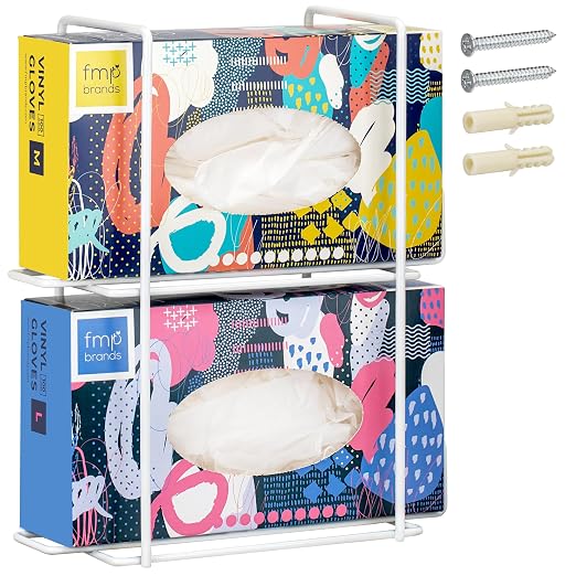 FMP Brands Double Glove Holder for Wall Mount, Wire Rack Disposable Napkin Gloves Box Holder, White Durable Metal Organizer Dispenser for Food Service, Lab, Office, Home, and Garage