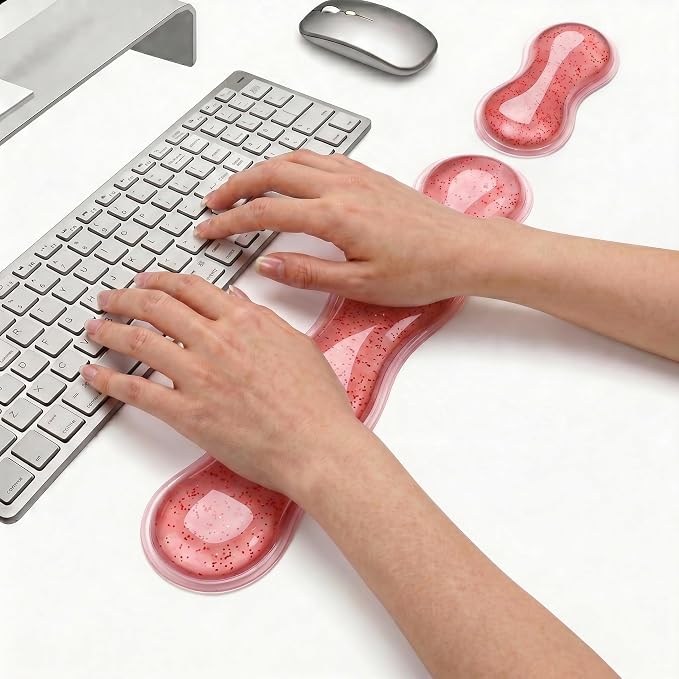 Wrist Rest for Keyboard and Mouse, Glitter Ergonomic Mouse Hand Rest Set, Cute Sparkle Cloud Keyboard Pad with Wrist Support, Gel Girl Desk Decor Accessories for Office Home School (Red)