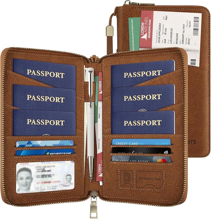 Likesing Family Passport Holder for 4, RFID Multiple Passport Holder-Brown | Leather RFID Blocking Travel Passport Wallet with Zipper, Travel Document Organizer with Wrist Strap Card Slots for Women Men