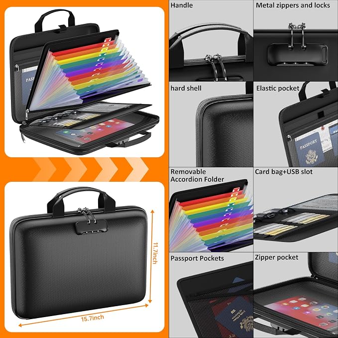 Tamfile Fireproof File Organizer with Lock,Hard Case Fireproof Document Box | 13 Colour Pockets Accordion File Folder, Office Home Important Document Organizer for Letter A4 Files Laptop Passports,Black