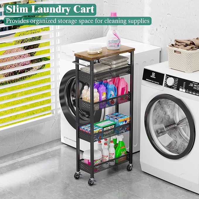 Slim Storage Cart 5 Tier Narrow Kitchen Rolling Cart on Wheels for Small Space, Metal Utility Cart Narrow Bathroom Storage Cabinet Mobile Shelf Unit Organizer with Wood Top and Handle, Black