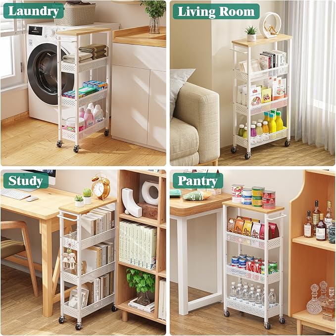 Slim Rolling Storage Cart 4 Tier Bathroom Organizer Mobile Shelving Unit Utility Cart with Wood Top and Handle for Kitchen Laundry Narrow Places, White