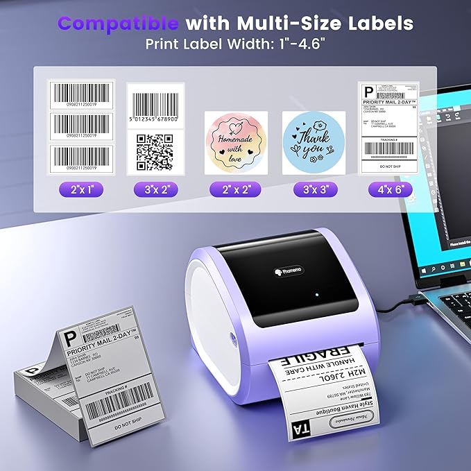 Phomemo D520BT Bluetooth Thermal Label Printer, 4X6 Wireless Shipping Label Printer Build-in Holder, Thermal Label Maker for Shipping Package, Compatible with Amazon, USPS, Shopify, Ebay, Purple