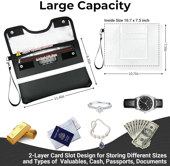 6200°F Fireproof Document Bag with Lock, 11.4 x 8.3 Inch Fire Proof Bag for Documents with Zipper, Water Resistant Envelope with Reflective Strip, Fireproof Money Pouch Black