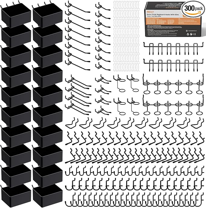 INCLY 300PCS Extra Thick Pegboard Accessories Set with Bins & Peg Locks | 1/4" Heavy Duty Pegboard Hooks, Black Peg Board Organizer Accessories Kit, Peg Board Hooks for Hanging Garage Tools