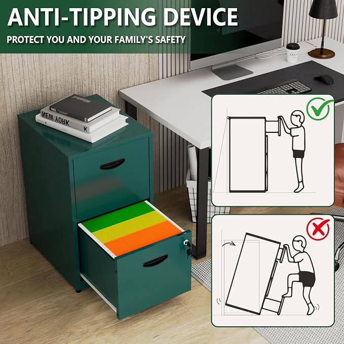 Polup 2 Drawer File Cabinet with Lock, Metal Filing Cabinet for Home Office | Small Locking Cabinet for Under Desk Storage, Printer Stand, Fits Letter Size, Green, 26"H x 15"W x 18"D, Easy Assembly