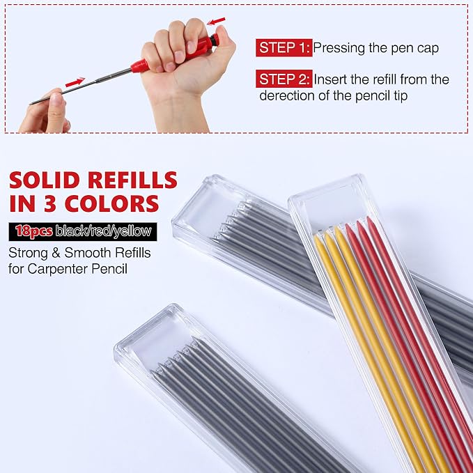 Hiboom 2 Pcs Carpenter Mechanical Pencils Marker with 18 Pcs Refills Construction Woodworking Marking Pens with Built in Sharpener and Protective Cap Long Solid Tip for Architects Woodworkers