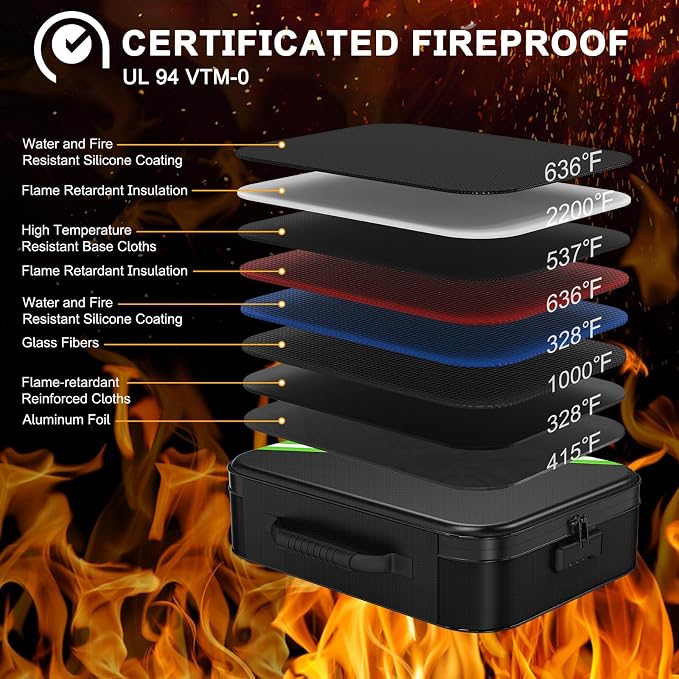 5200℉ Fireproof Document Box with Lock 16.1"x11.4"x4.3" | Portable ,Home ,Travel Water Resistant Document Storage Organizer with for Important Documents and File ,Black