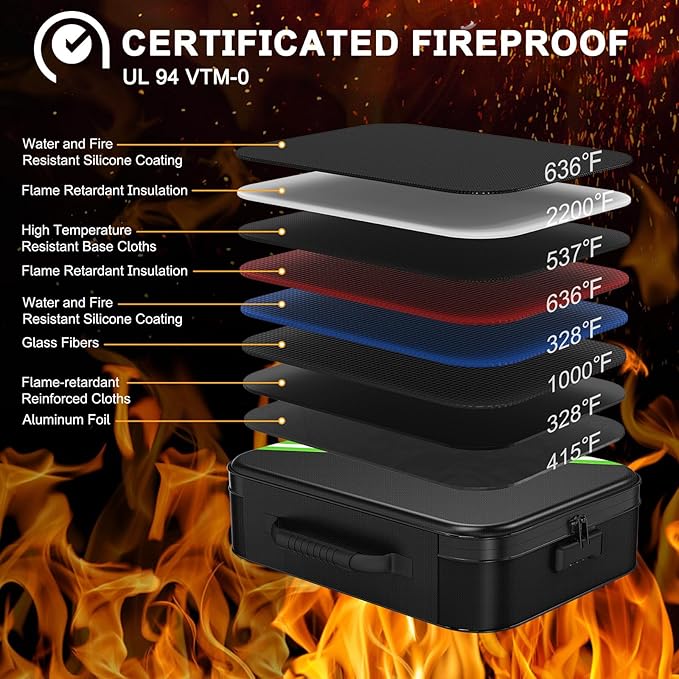 Fireproof Document Box with Lock 5200℉-8 Layer | 15.0"x11.0"x4.3" Water Resistant Document Organizer ,Portable Home Travel Safe Storage Box for Important Documents,File