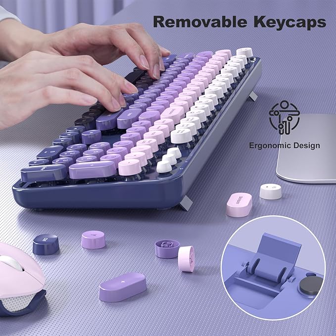MOFII Wireless Keyboard and Mouse Combo, Full Size 2.4G Plug and Play Typewriter Retro Round Computer Keyboard and Mouse Set for Windows, Computer, Desktop, PC, Notebook - (Purple Gradient)