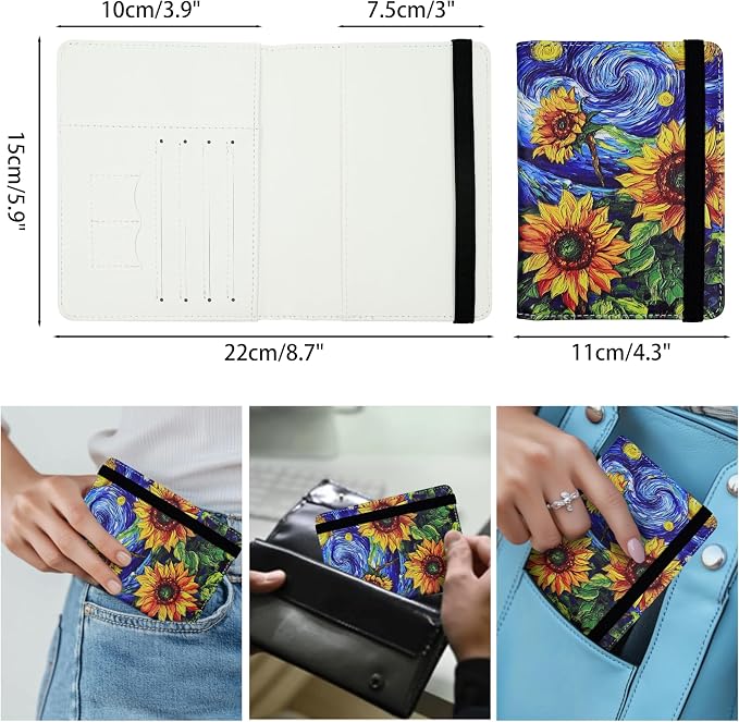 Passport Holder for Women and Men PU Leather Passport Cover for Travel (Sunflower)
