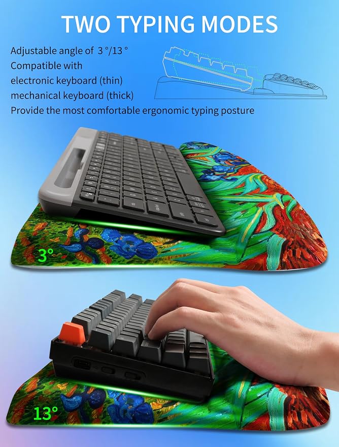 Ergonomic Wave Wrist Rest with Keyboard Stand, Cushioned Palm Rest, Comfortable Integrated Memory Foam for Natural Typing and Relieve Wrist Pain, Van Gogh Iris Flower