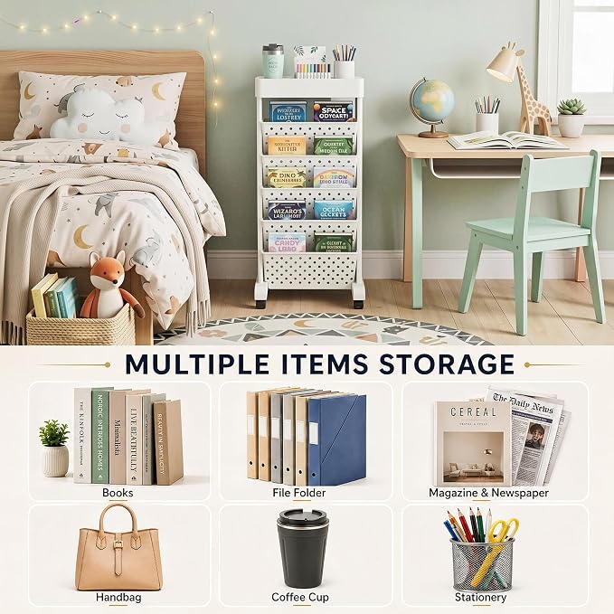 BYFU 6-Tier Rolling Bookshelf Cart, White | Movable with Wheels, File Paper Storage Organizer, For Home Office Study Classroom