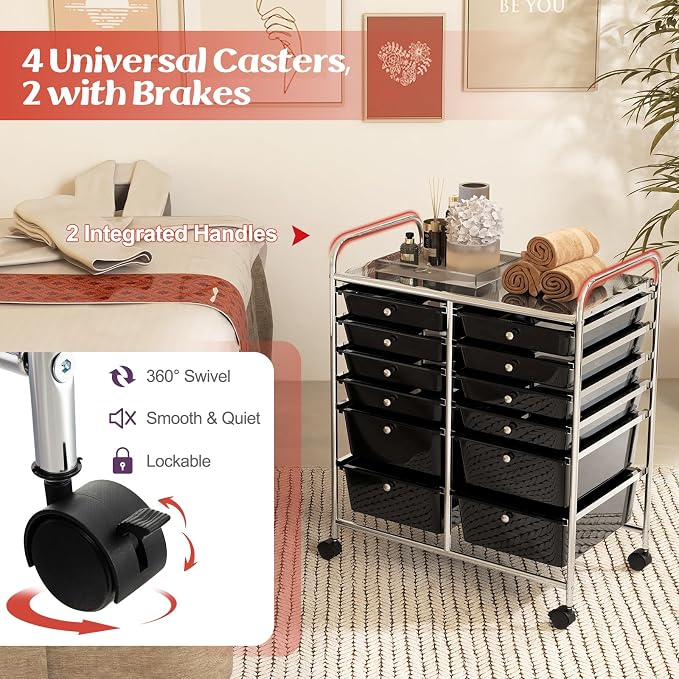 BECOMFORT 12-Drawer Rolling Cart with Drawers, Storage Cart on Wheels, Teacher Classroom Organizers with Metal Frame, Mobile Craft Cart, Trolley Utility Cart for School Office Play Room
