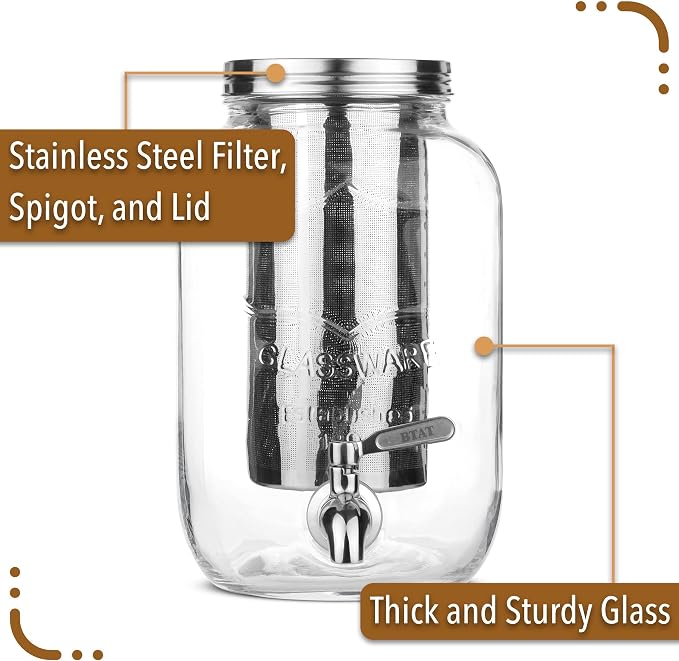 BTaT- 1 Gallon Cold Brew Coffee Maker, Thick Glass Pitcher | Stainless Steel Filter, Lid & Spigot Iced Coffee Sun Tea Brewer Mason Jar Cold Brew Container Fast Iced Tea Maker for Fridge