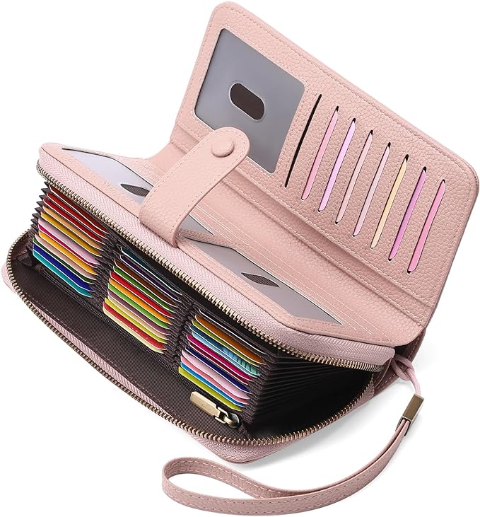 GAEKEAO Leather Credit Card Holder Wallet for Women RFID Blocking Large Capacity Bifold Zipper Card Case Organizer with Wristlet 45 Slots