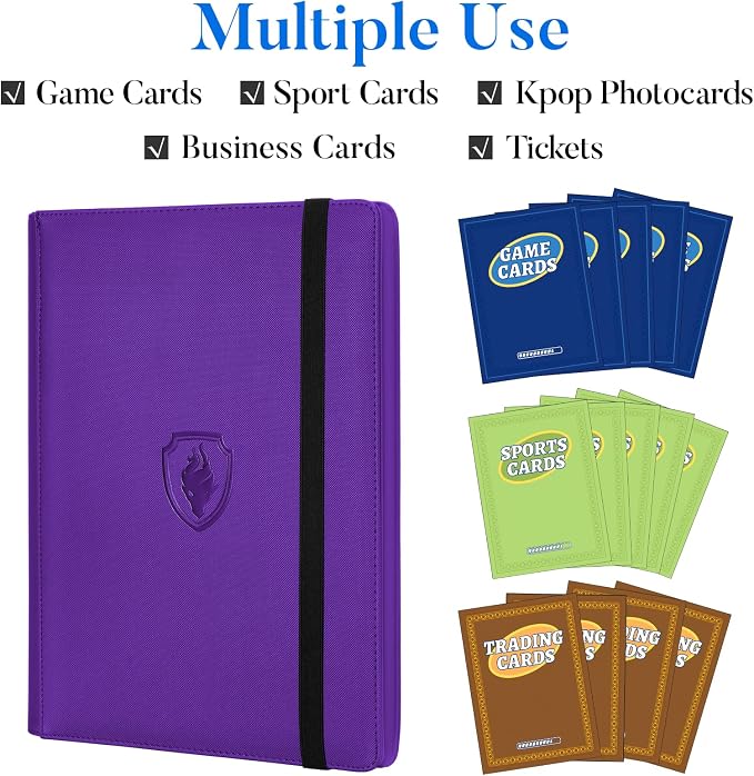 Premium 9 Pocket Card Binder for 360 Cards, Fabmaker PU Cover Trading Card Binder, Sturdy Card Collection Album, Sleek Card Holder Folders for Game Cards & Sports Cards, Purple