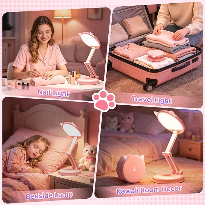 One Fire Cute Desk Lamp Pink Dorm Lamps for College Girls Foldable Portable Rechargeable Dimmable Cute Cat Lamp Kawaii Room Decor,College Dorm Decor for Girls Pink Classroom Essentials