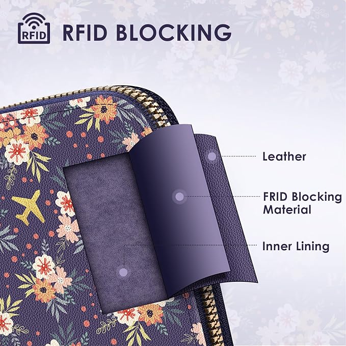 KONVINIT Passport Holder For Travel, RFID Blocking Leather Passport Cover For Travel Accessories, Passport Wallet with Zipper Closure, Cute Passport Book for Women and Men, Navy Blue Flowers