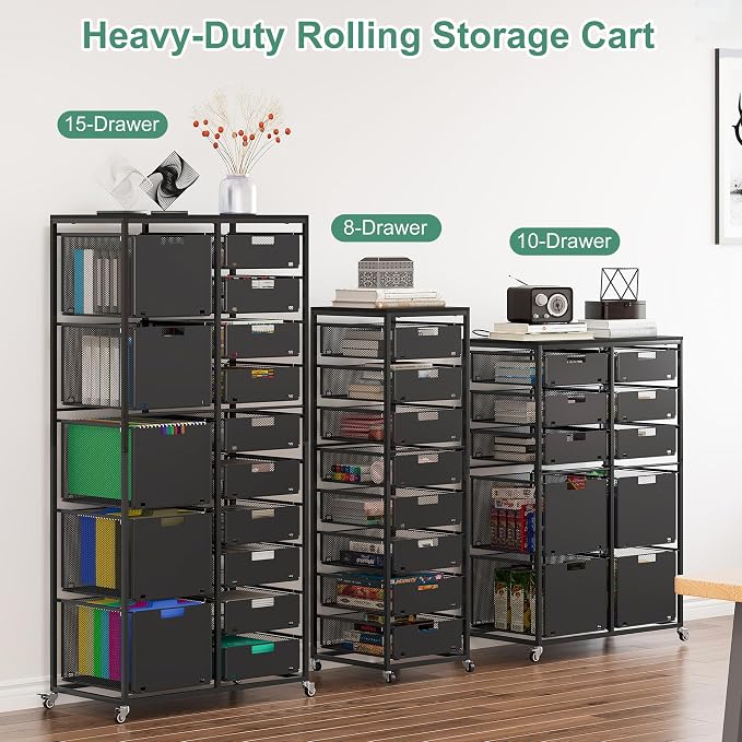 EasyPAG Rolling Storage Cart With 8 Drawers, Metal Craft Organizers And Storage Cart With Wood Tabletop, 30 Lbs Capacity Per Drawer For Home Office Classroom And Dorm, Black