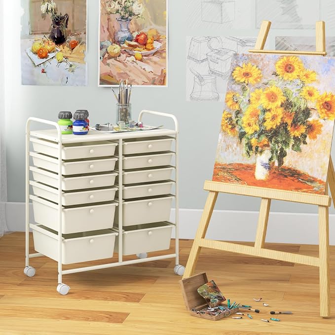 12 Drawer Rolling Storage Cart, Craft Cart Organizer on Wheels w/Metal Frame, Large Capacity & Smooth Drawer, Rolling Cart w/Drawers for Classroom, Office