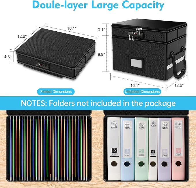 2 Layer Fireproof Document Box with Lock for Letter/Folder/Certificate | Fireproof to 2000°F, Waterproof, Large Capacity, Night Reflective Strip, Adjustable Handle, Foldable, Anti-static Material