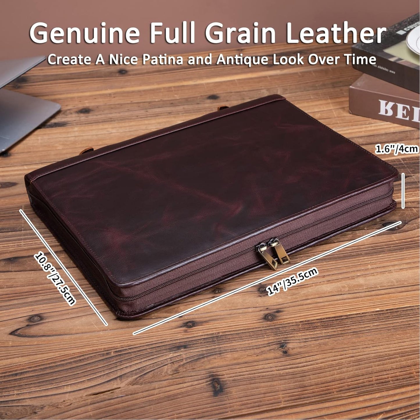 Personalized Genuine Leather Portfolio 3 Ring Binder with Clipboard, Hidden Handle, Custom Engraved 8.5 x 11 Zip Padfolio, Business Professional Organizer for Men Women, Dark Brown, Oil Tanned