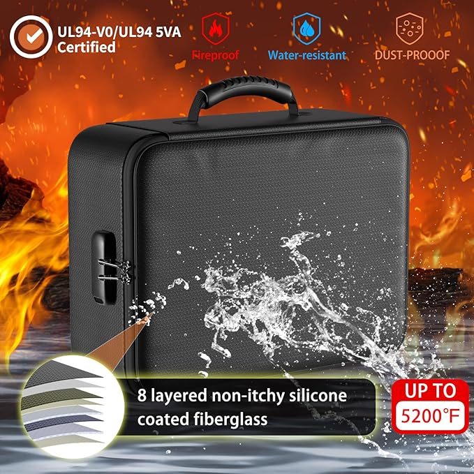 ENGPOW 5200°F Fireproof Document Bag with Lock, Upgraded Heat Insulated Fireproof Box 8 Layers File Organizer, Portable Home Travel Safe Storage for Important Documents,Passports,Laptop, Black(Soft)