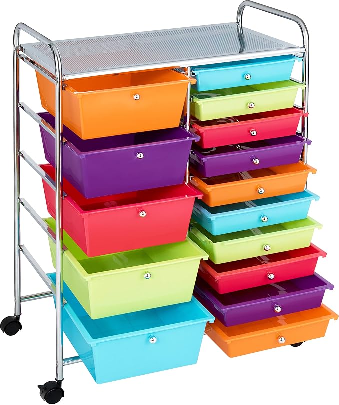 RELAX4LIFE 15 Drawer Rolling Storage Cart, Mobile Drawer Carts for Craft Art Supply Paper Salon, Utility Cart on Wheels for Classroom Teacher School Office, Rolling Cart with Drawers (Multi-Color)
