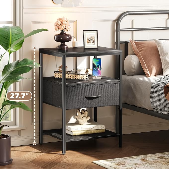 SUPERJARE Nightstand with Charging Station, USB-C Port, Bedside Table | 27.7 Inch Tall Nightstand with Adjustable Fabric Drawer, Large Dresser for Bedroom, Living Room, Black
