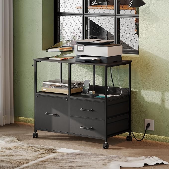 DEVAISE 3 Drawer Mobile File Cabinet with Storage Shelf | Rolling Printer Stand, Fabric Lateral Filing Cabinet fits A4 or Letter Size, Adjustable Shelf for Home Office,Black