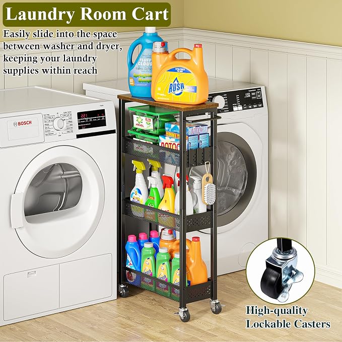 OKZEST 4-Tier Slim Rolling Storage Cart for Kitchen, Laundry Room, Bathroom | Upgraded metal hub casters, Narrow utility cart for small space/gaps, Premium wood top & metal mesh shelf, with handle & hook
