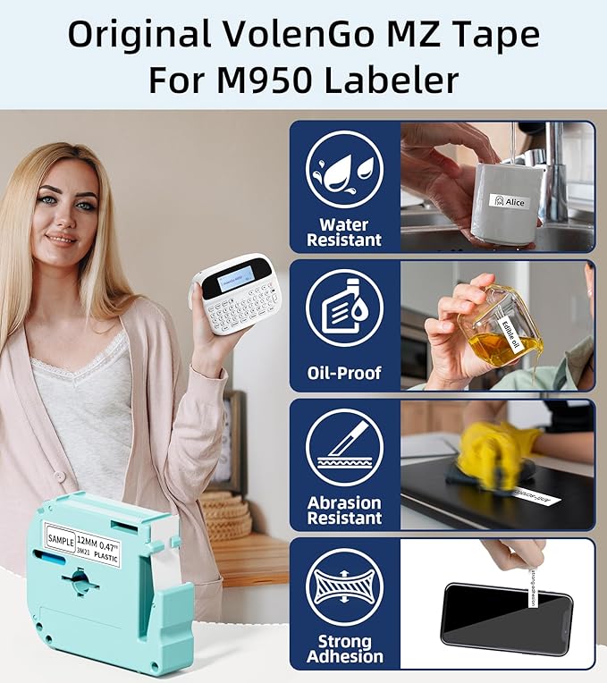 M950 Label Maker Machine Bundle, Rechargeable Portable Labeler Machine with 7 Tapes 12mm White, Bluetooth Handheld Label Printer, Backlit Inkless Labeling Maker for Office School Home