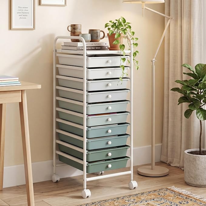 COSTWAY 10-Drawer Rolling Storage Cart, Utility Mobile Trolley | Removable Drawers & Universal Casters & 2 Brakes, Versatile Flexible Drawer Organizer Cart for Home, Office (Green Gradient)