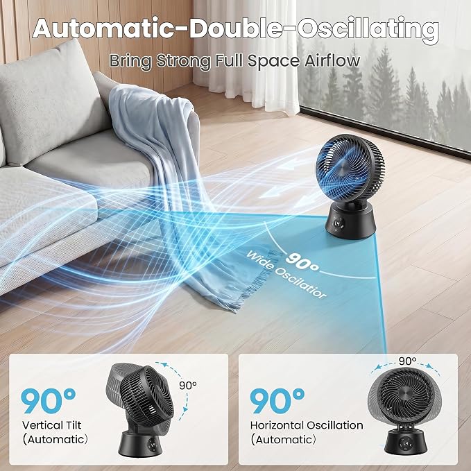 Portable Air Circulator Fan for Bedroom, 13 Inch Automatic 90°+90° Oscillating Fan with 25db Quiet, Remote & Temperature Control, 8 Speeds/Timer, Aroma for Office, Home, Black