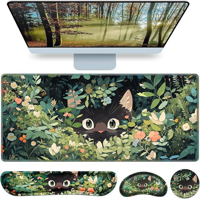 Mouse Pad Anime Mouse Pad with Wrist Rest | 4-in-1 XXL Large Desk Mat Kawaii Mousepad with Gel Wrist Support Keyboard Wrists Rest Coaster, Ergonomic Gaming Cat Desk Pad