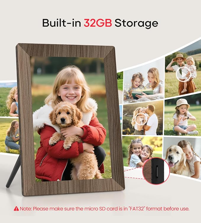 Frameo 10.1" Digital Picture Frame with 32GB Memory Wood WiFi Electronic Photo Frame 1280 x 800 IPS Touch Screen Auto-Rotate Slideshow Wall Mountable Share Photos/Video Remotely Anywhere