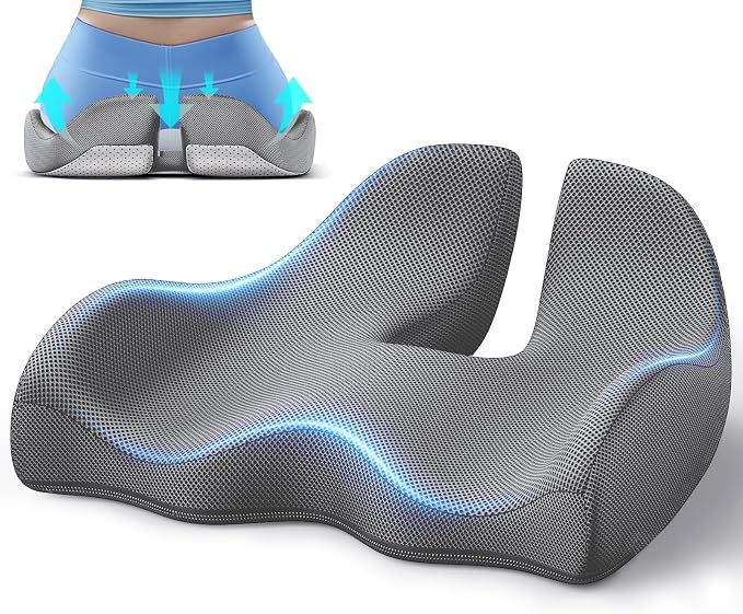 Benazcap XL Ergonomic Seat Cushion Relieves Sciatica & Tailbone Pain | Memory Foam cushion, washable cover & anti-slip base, long-sitting pad for office, gaming and car seats Gray